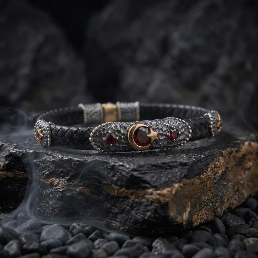 Star and Crescent Motif Dövme Silver Leather Strap Men's Bracelet
