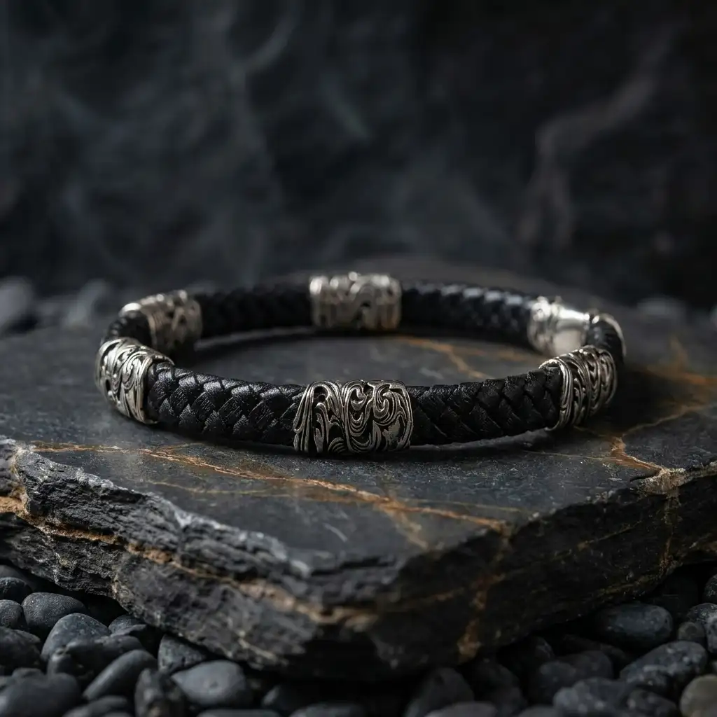 Nakkaş Motif Woven Leather Strap Silver Men's Bracelet