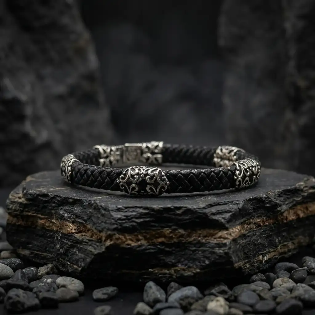 Rumi Motif Woven Leather Strap Silver Bracelet