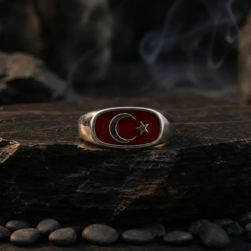 ottoman gumus takılar (1) Ay Yıldız Kırmızı Mineli Gümüş Yüzük