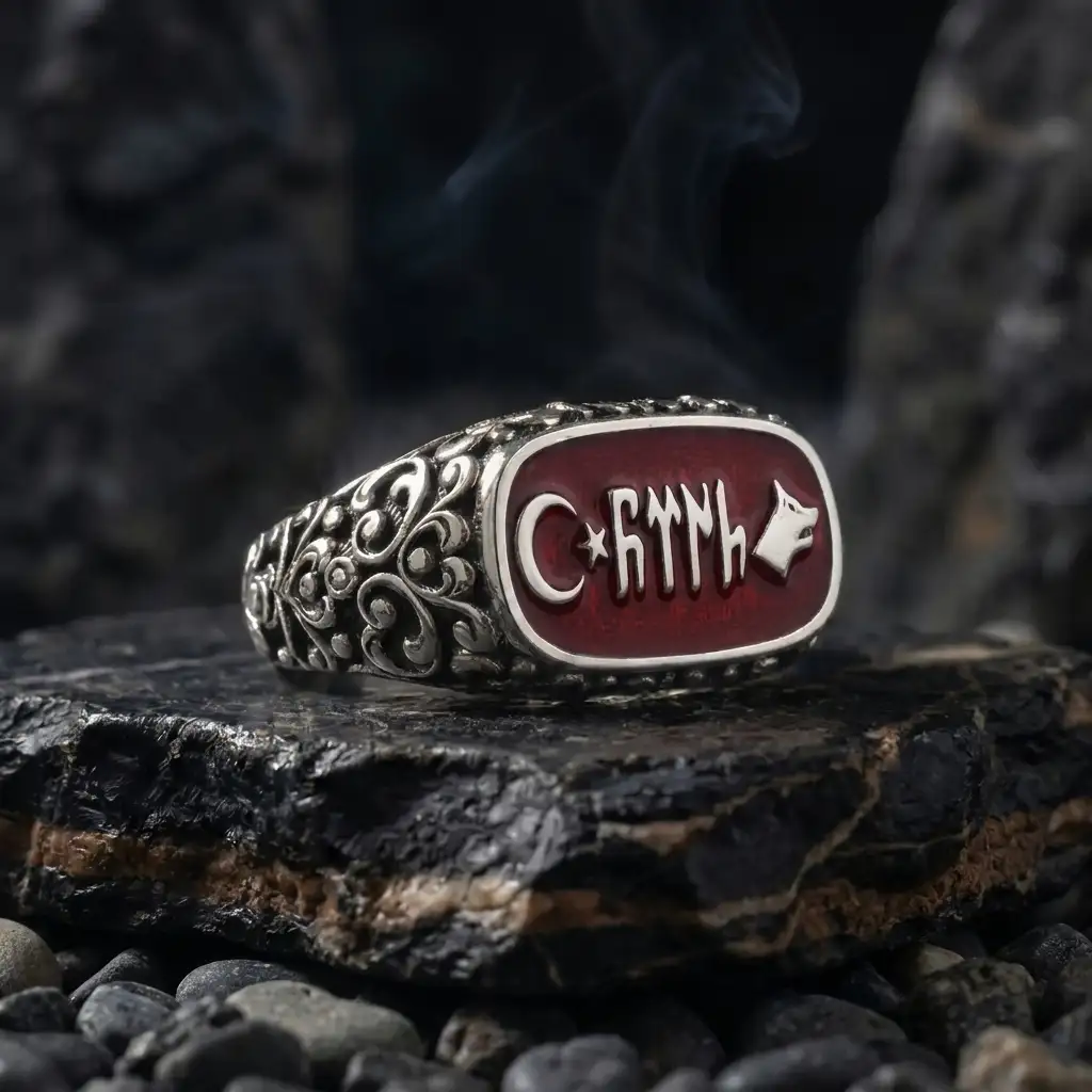 Göktürkçe Turkish Engraved Red Silver Ring
