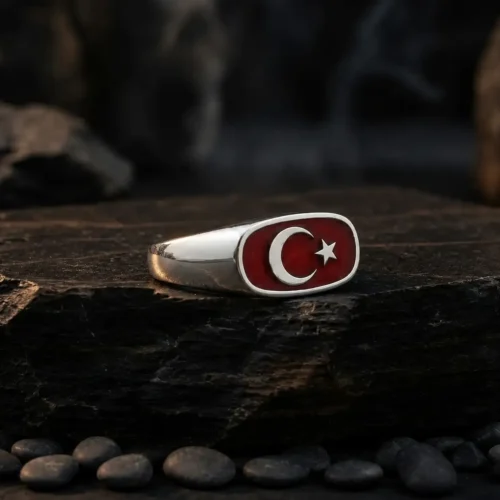 ottoman gumus takılar (5) Ay Yıldız Kırmızı Mineli Gümüş Yüzük