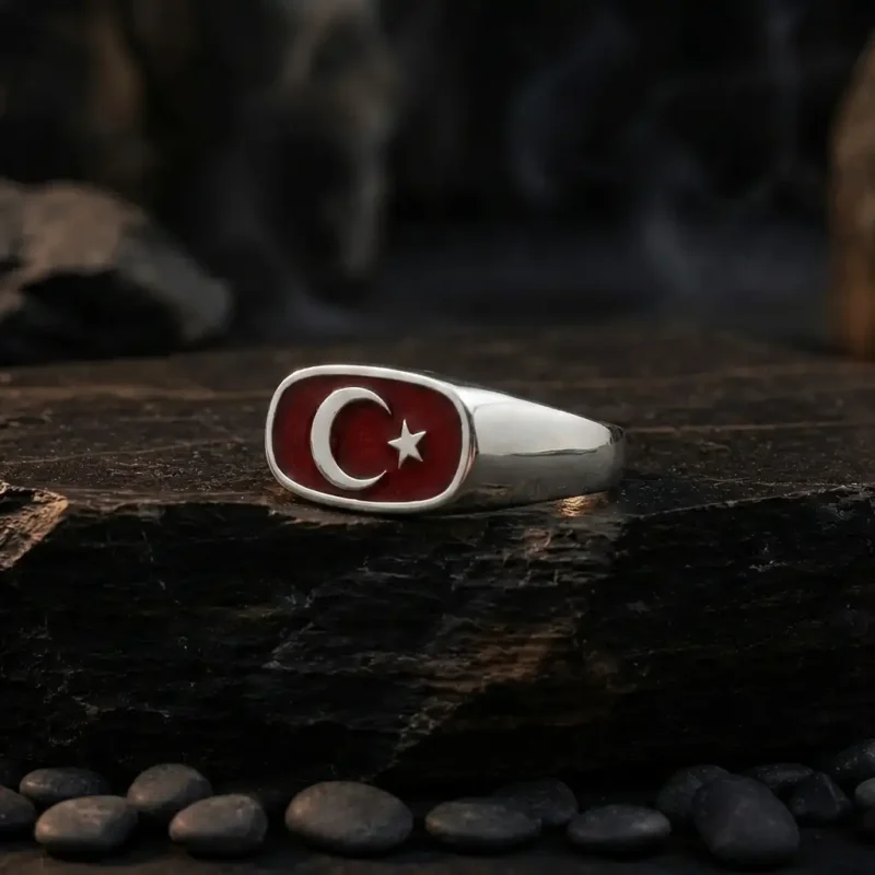 ottoman gumus takılar (6) Ay Yıldız Kırmızı Mineli Gümüş Yüzük