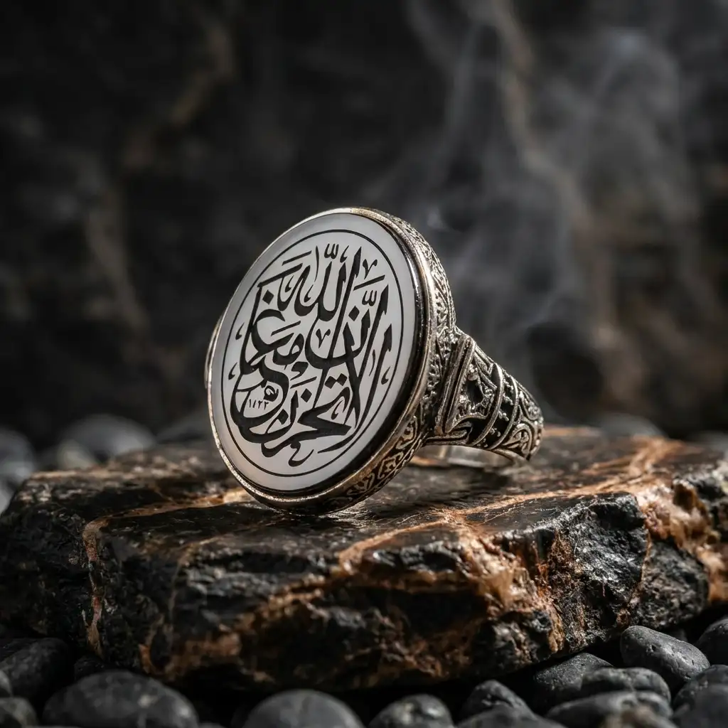 Agate Stone-set Prayer Hüsn-i Calligraphy Silver Ring