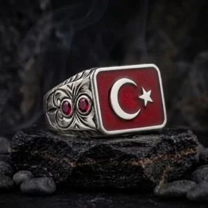 Ay Yıldız Kırmızı Mineli Dikdörtgen Gümüş Yüzük
