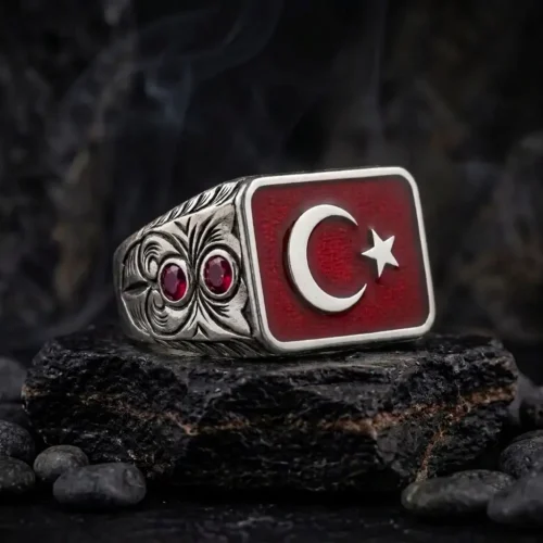 Ay Yıldız Kırmızı Mineli Dikdörtgen Gümüş Yüzük