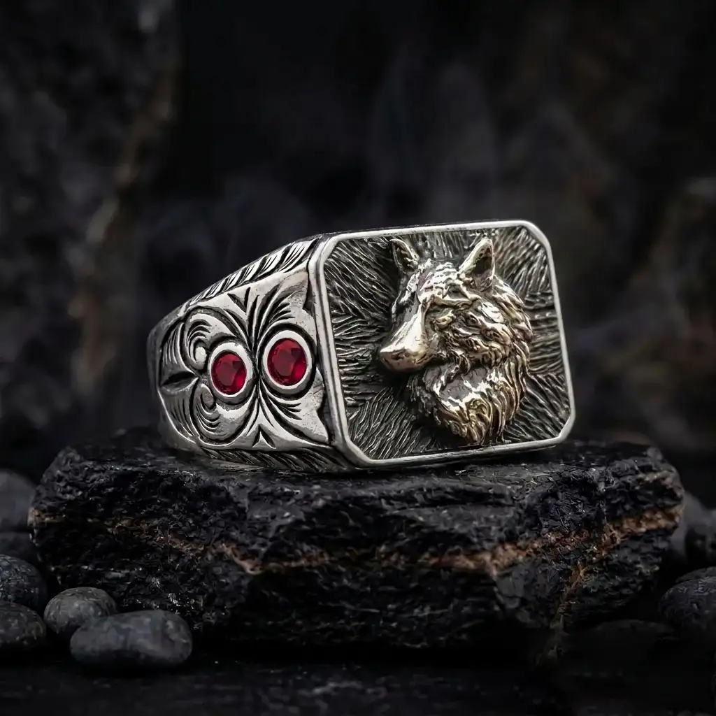 Embossed Grey Wolf Figured Silver Men's Ring