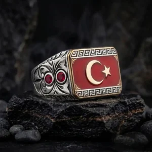 Kırmızı Mineli Ay Yıldızlı Gümüş Erkek Yüzük