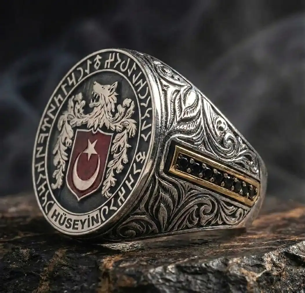 Grey Wolf & Star and Crescent Crested Göktürkçe Engraved Silver Ring