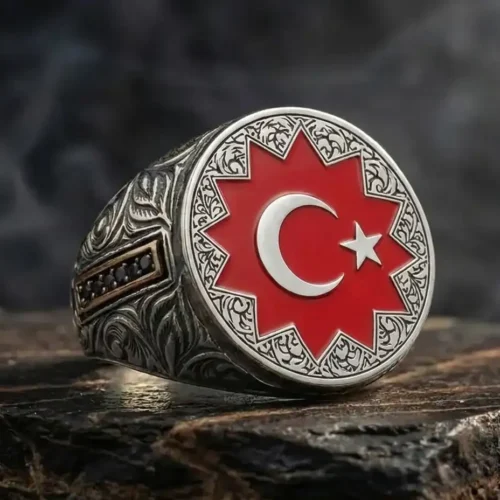 ottomangumus22 (1) 8 Köşeli Selçuklu Yıldızı ve Ay Yıldız Kırmızı Mineli Gümüş Yüzük