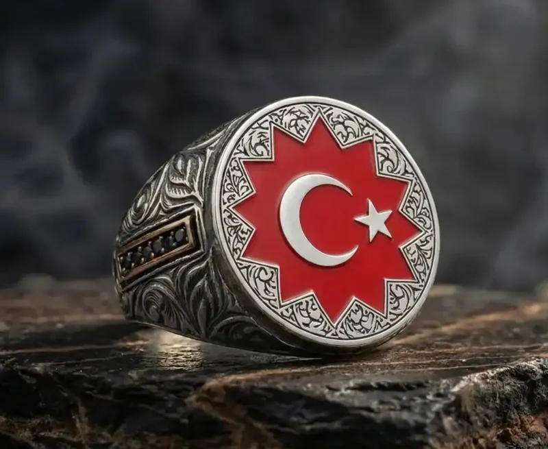 ottomangumus22 (1) 8 Köşeli Selçuklu Yıldızı ve Ay Yıldız Kırmızı Mineli Gümüş Yüzük