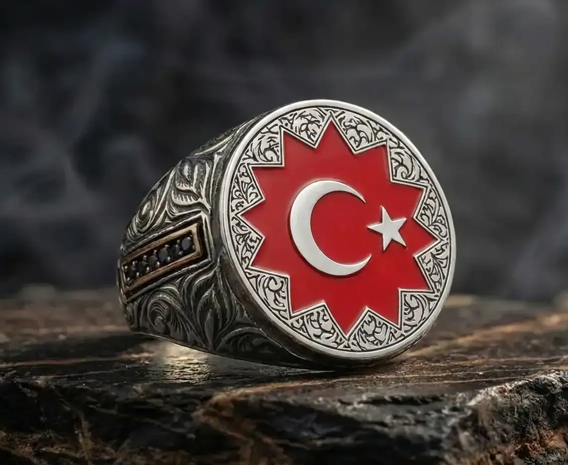 8 Köşeli Seljuk Star & Star and Crescent Red Enamel Silver Ring