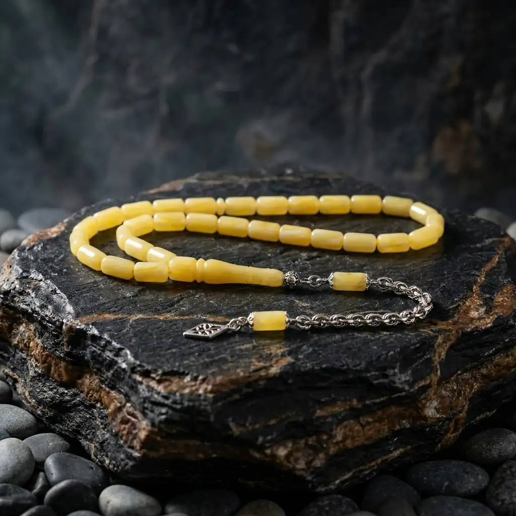 Drop Amber Capsule Cut Silver Tasselled Prayer Beads