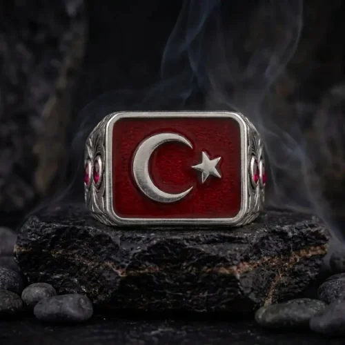Ay Yıldız Kırmızı Mineli Dikdörtgen Gümüş Yüzük