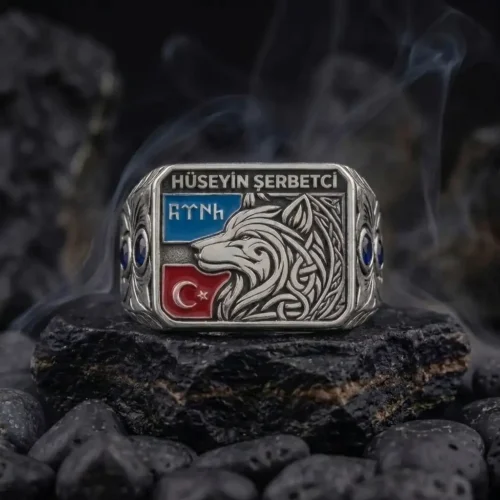 ottomangumus22 (2) İsimli Göktürkçe Türk Yazılı Ay Yıldızlı ve Bozkurtlu Gümüş Yüzük