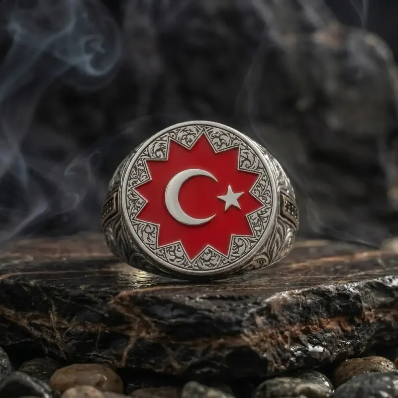 ottomangumus22 (2) 8 Köşeli Selçuklu Yıldızı ve Ay Yıldız Kırmızı Mineli Gümüş Yüzük