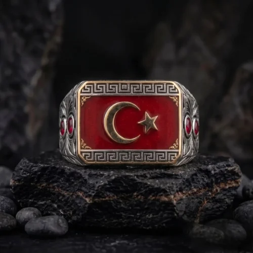 Kırmızı Mineli Ay Yıldızlı Gümüş Erkek Yüzük