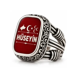 Kişiye Özel İsimli Bozkurt Ay Yıldız Üç Hilal Gümüş Yüzük