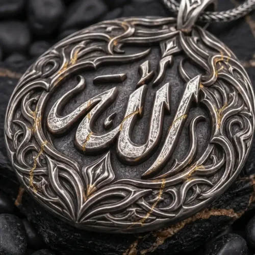 Allah Yazılı Rölyef Gümüş Madalyon Kolye