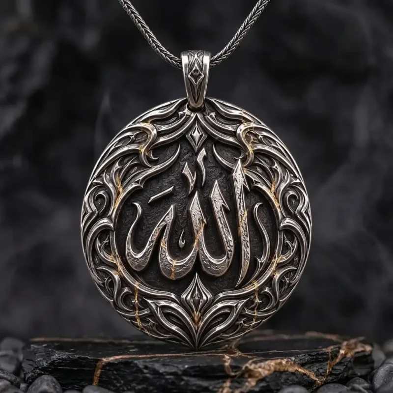 Allah Yazılı Rölyef Gümüş Madalyon Kolye