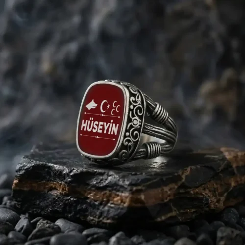 Kişiye Özel İsimli Bozkurt Ay Yıldız Üç Hilal Gümüş Yüzük