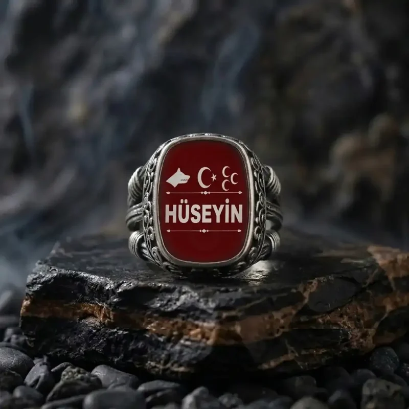 Kişiye Özel İsimli Bozkurt Ay Yıldız Üç Hilal Gümüş Yüzük