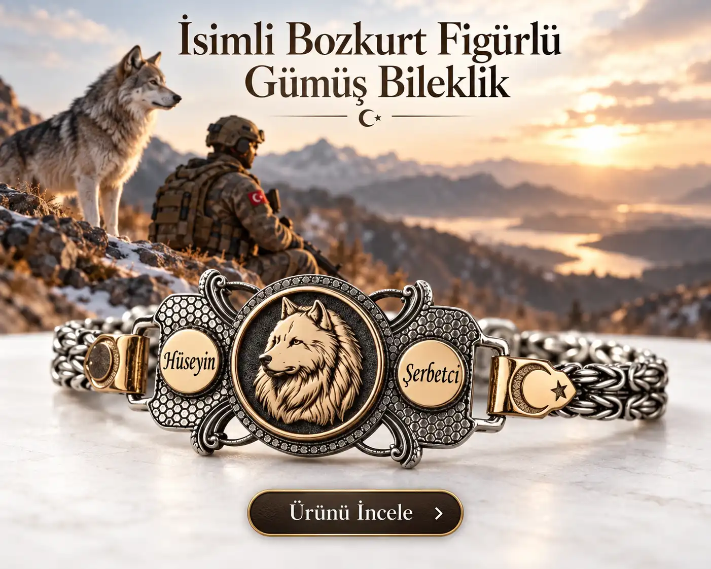İsimli Bozkurt Figürlü Gümüş Bileklik