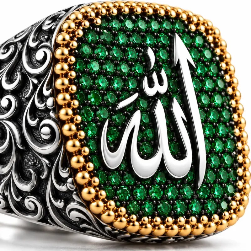 Zümrüt Taşlı Allah Yazılı Yüzük