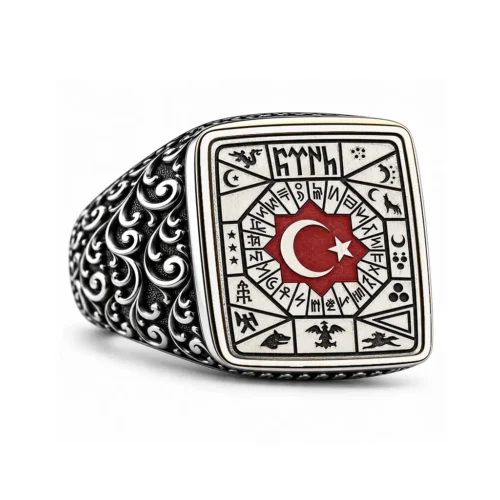 Göktürkçe Türk Yazılı ve Ay Yıldızlı Kare Gümüş Yüzük