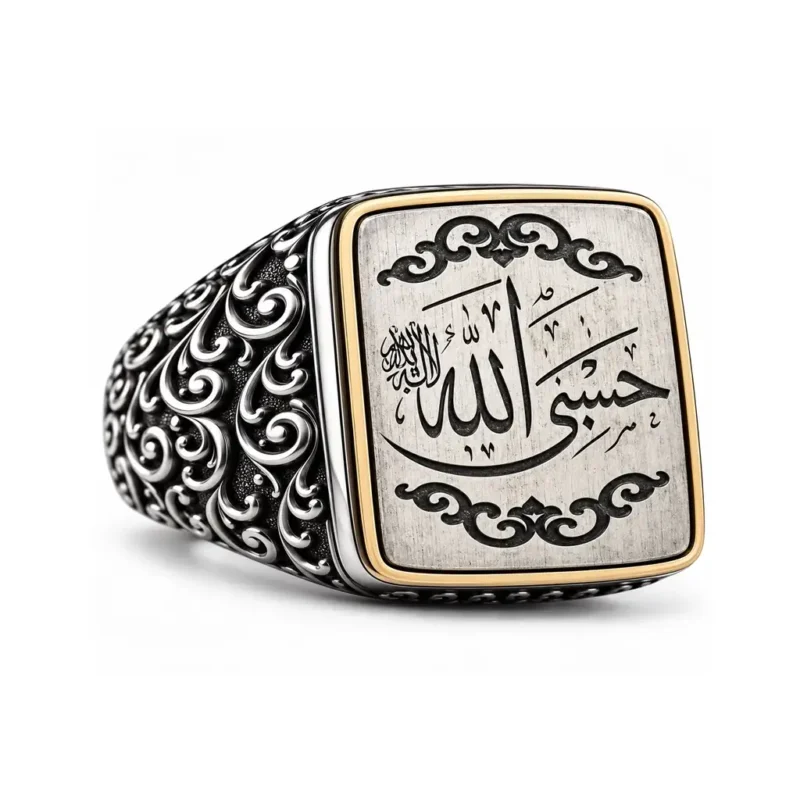 ottoman kuyumculuk gümüş erkek yüzük modelleri (3) Hasbiyallah Yazılı Kare Gümüş Yüzük